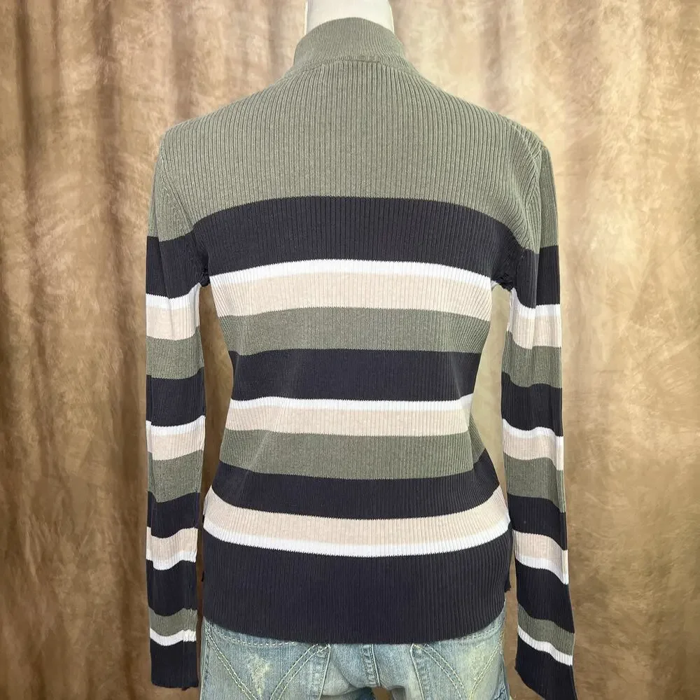 Y2K Striped Ribbed Sweater High Neck Long Sleeve Green Black Tan Skater Grunge - Picture 4 of 8